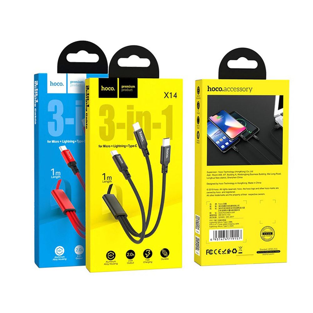 Câble de Chargement 3 en 1- X14 - Lightning + micro + Type C