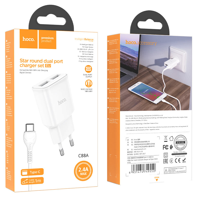 Chargeur USB 2.4A Star C88A rond, deux ports Type C