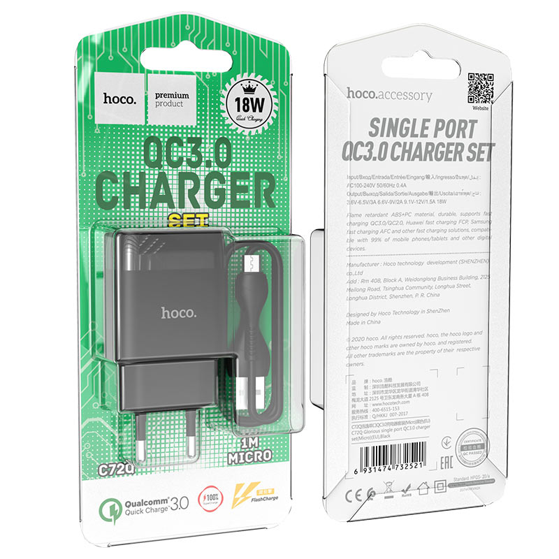 Chargeur mural "C72Q " QC3.0 avec câble sortie Micro USB – Image 3