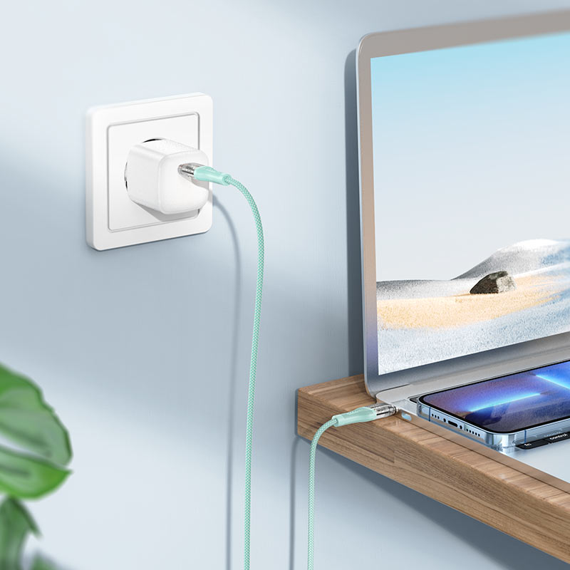 Câble Type-C vers Type-C "U111 Transparent Discovery Edition" 60W, U111 Transparent Discovery Edition, câble de données de charge de type C à type C, 1,2 m, plastique transparent et tresse bicolore, prend en charge 60 W (20 V / 3 A) pour les ordinateurs portables et 3 A pour les téléphones mobiles.