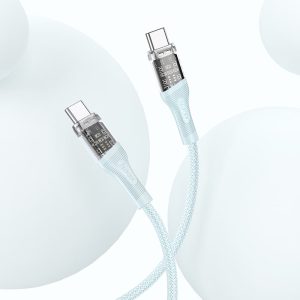 Câble Type-C vers Type-C "U111 Transparent Discovery Edition" 60W, U111 Transparent Discovery Edition, câble de données de charge de type C à type C, 1,2 m, plastique transparent et tresse bicolore, prend en charge 60 W (20 V / 3 A) pour les ordinateurs portables et 3 A pour les téléphones mobiles.