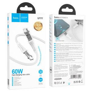 Câble Type-C vers Type-C "U111 Transparent Discovery Edition" 60W, U111 Transparent Discovery Edition, câble de données de charge de type C à type C, 1,2 m, plastique transparent et tresse bicolore, prend en charge 60 W (20 V / 3 A) pour les ordinateurs portables et 3 A pour les téléphones mobiles.