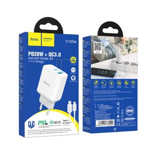 C105A Stage double port 20W (Type-C + USB) avec câble Type-C vers Type-C
