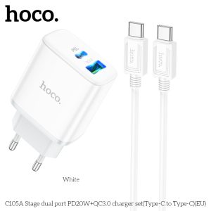 C105A Stage double port 20W (Type-C + USB) avec câble Type-C vers Type-C