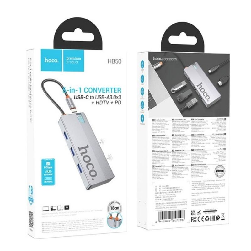 Adaptateur 5 en 1 Type-C vers HDMI+PD+USB 3.0 HB50 HOCO – Image 8