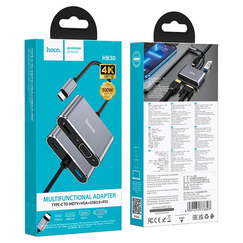 Hub 4-en-1 HDMI UHD VGA USB 3.0 HB30 HOCO