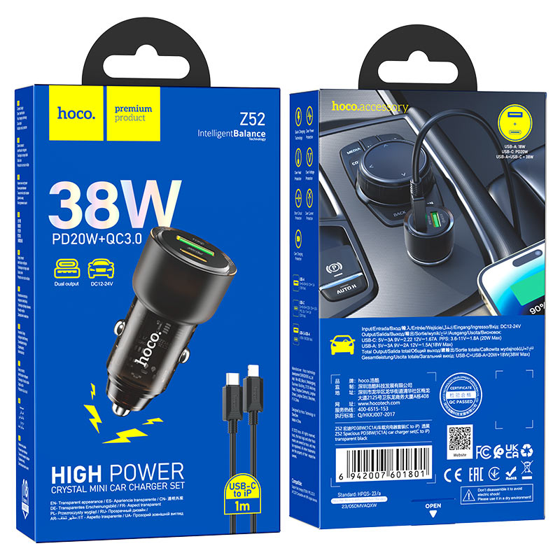 Chargeur de voiture avec câble 38W Z52 HOCO